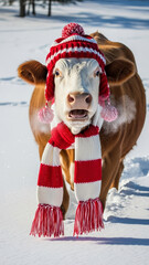 Cute Cow Wearing Knitted Winter Scarf and Hat Standing in Snow, Playful Farm Animal Portrait with Cozy Cold Weather Mood