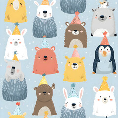 Seamless winter party pattern with cute arctic animals wearing hats on blue background &ndash; perfect for children&rsquo;s designs and seasonal decor