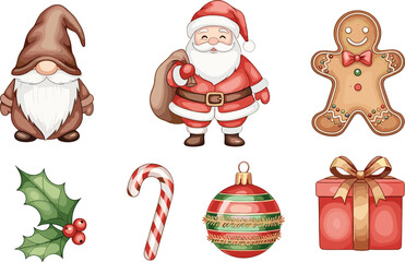 Cute Christmas Holiday Vector Collection: Santa Claus, Gingerbread Man, Gnome, Candy Cane, Festive Ornament, and Holly Berries for Seasonal Graphics.