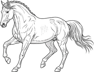 Running horse detailed line art vector illustration