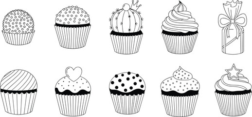 Delicious Hand Drawn Cupcake Vector Set, Muffin Desserts with Icing and Toppings Outline Collection, Sweet Bakery Treats Doodle Illustration Icons for Party Design, Black and White.