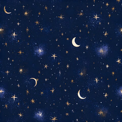 Seamless night sky pattern with golden stars and crescent moons on deep blue background &ndash; dreamy celestial design for magical themes