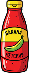 Bright banana ketchup bottle illustration with bold label design, tropical condiment packaging vector for food branding projects