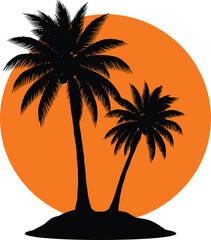 Tropical palm trees silhouette against sunset vector art