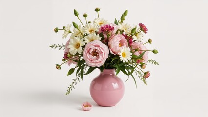 Beautiful bouquet of flowers in a pink vase with pink and white blossoms and green leaves. Fresh floral display. Elegant and delicate arrangement. © Lasvu