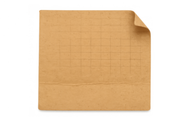 Vintage lined brown paper sheet with curled corner, old memo pad texture, empty blank note with grid background