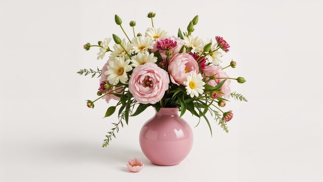 Beautiful bouquet of flowers in a pink vase with pink and white blossoms and green leaves. Fresh floral display. Elegant and delicate arrangement. - Powered by Adobe