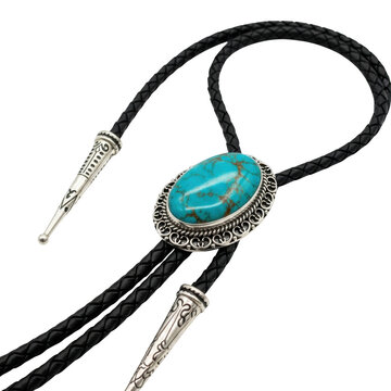 Oval Turquoise Bolo Tie with Silver Filigree and Black Leather Cord oval stone