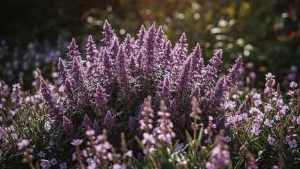Fototapeta premium Cluster of purple lavender flowers in a garden setting. Beautiful and fragrant plants, used for decoration and essential oils. The plant of lavender.