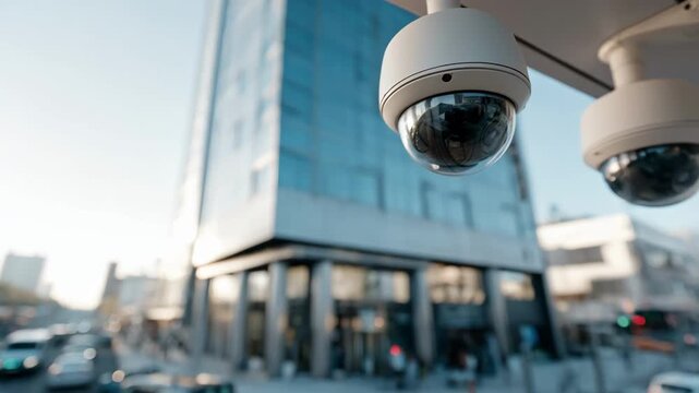 Closeup medium shot of smart security cameras installed on a modern building exterior highlighting advanced IoT integration.