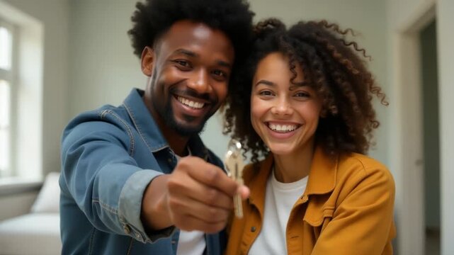 Video A couple standing together holding a key, possibly symbolizing unlocking a new chapter in their relationship or life