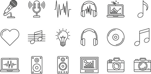 Music and Audio Icons Vector Set, Digital Sound Production, Microphone Recording, Headphones Listening, Data Analysis, Multimedia Technology, Concept Collection with Heart and Lightbulb
