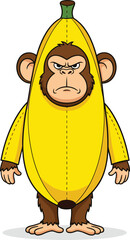 Funny angry monkey in banana costume cartoon vector illustration for kids designs, playful characters, humor art, and creative projects