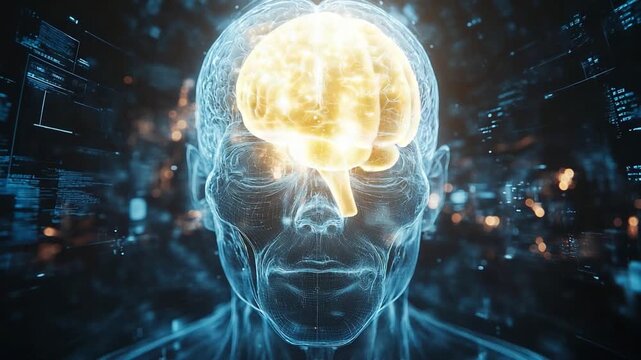 Illuminating the Mind: A luminous depiction of the human brain, showcasing its intricate structure and boundless potential, visualized within a transparent, futuristic rendering of the human head. 