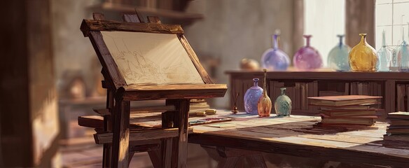 Warmly lit artist studio with canvas, books, and colorful bottles