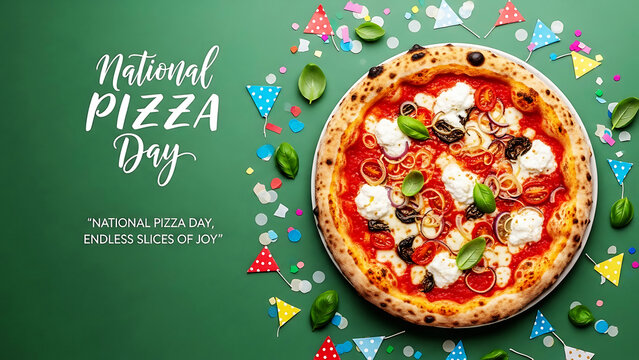 National pizza day celebration with a fresh neapolitan pizza on a vibrant green background - Powered by Adobe