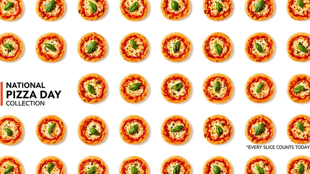 A repeating pattern of mini margherita pizzas for national pizza day celebration
