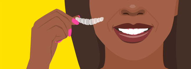smiling african american woman hand with ortodontic silicone invisible braces tooth correction vector illustration
