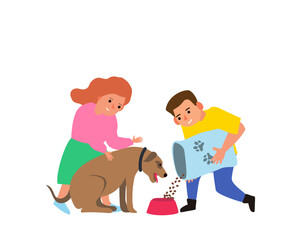 boy and girl give dry food from package to his dog vector illustration