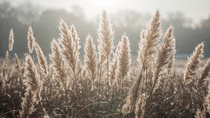 Fototapeta premium Tall ornamental grasses in a field with soft sunlight and blurred background, creating a peaceful natural scene.