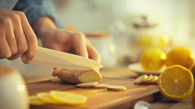 On sunlit day, man's hands carefully slice fresh ginger rhizome kitchen cutting board surrounded by lemons, releasing its pungent aroma, capturing benefits freshness preservation nutritious extract