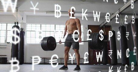 Lifting shirtless man hoisting loaded barbell in gym with hanging bags and floating currency signs