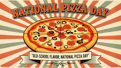 A retro illustration celebrating national pizza day with a classic pepperoni and olive pizza