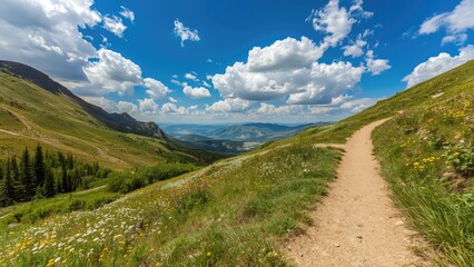 Fototapeta premium Lush green valley and mountain landscape under blue sky with clouds, with a hiking trail on the right side. Nature and outdoor adventure scene. Mountain scenery and green meadows.