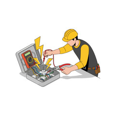 electrician at work inspecting wiring inside panel.