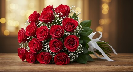 Vibrant Red Roses Bouquet with White Ribbon