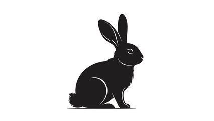 Black silhouette of a rabbit with large ears, sitting and looking to the side, isolated on white