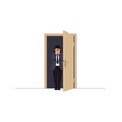 Fototapeta premium Businessman Standing in Open Doorway Awaiting Entrance.