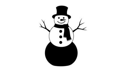 Black and White Stylized Snowman Illustration with Top Hat and Scarf on White Background
