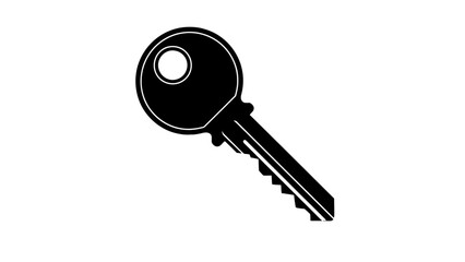 Black Silhouette of a Key with a Circular Bow and Serrated Blade on a White Background