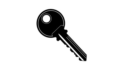 Black silhouette of a single house key with a hole on a white background