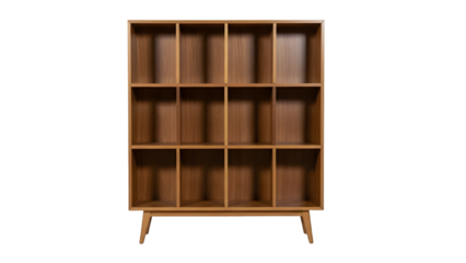 Wooden shelving unit with multiple compartments isolated on transparent background