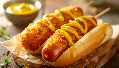Crispy corn dogs and a classic hot dog in a bun, topped with bright yellow mustard. A comforting and satisfying American street food, presented with inviting light