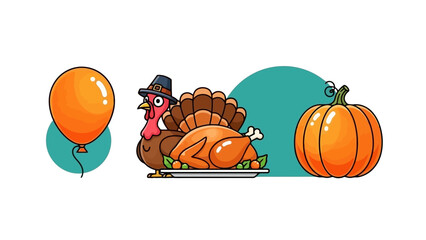 Thanksgiving Holiday Celebration Icons: Turkey, Pumpkin, and Balloon on White Background