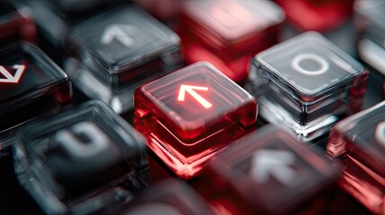 Illuminated red arrow key amidst blurred, dark keys on a keyboard