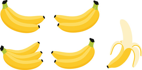 Fresh banana bunch illustrations with peeled banana in flat style for food, fruit, nutrition, market, and tropical design use