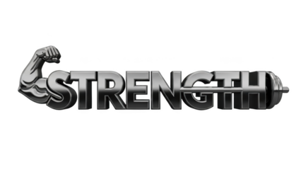 Silver Bicep Flexing Beside Metallic Strength Word muscle