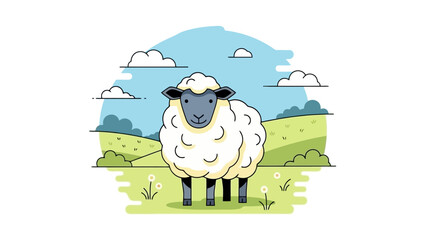 Stylized Sheep Standing in a Green Field with Clouds and Flowers