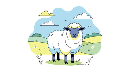 Stylized Sheep Standing in a Green Field Under a Blue Sky with Clouds