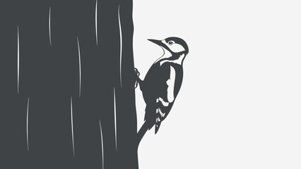Woodpecker Silhouette on Tree Trunk in Minimalist Dark Gray Vector Illustration © Busters 