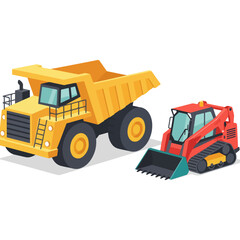 Powerful yellow dump truck and red skid steer loader.