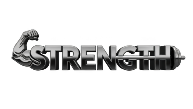 Silver Bicep Flexing Beside Metallic Strength Word muscle - Powered by Adobe