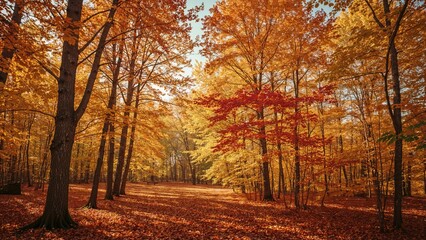 Obraz premium Autumn forest scene with colorful fall foliage and tall trees in a peaceful woodland setting.