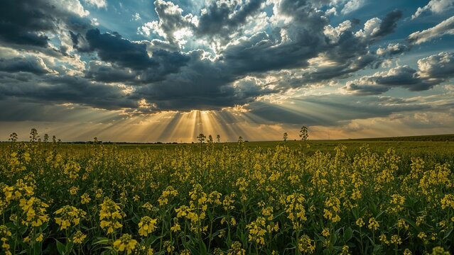 Sun rays breaking through clouds over a yellow flower field at sunset.