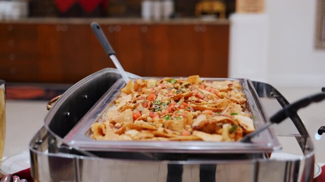 Delicious hot food displayed in a stainless steel chafing dish at a buffet. The dish appears garnished with fresh herbs and vegetables, creating an appetizing presentation.