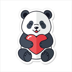 A charming flat 2D illustration features an adorable baby panda bear cub sweetly cuddling a bright red heart, symbolizing love and affection for Valentine's Day on a clean white background.